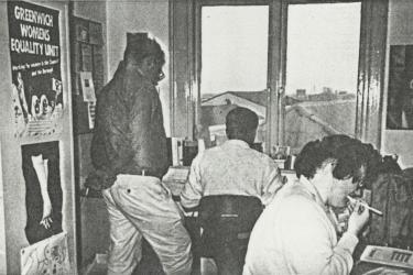 Office at the Greenwich Lesbian and Gay Centre with volunteers and staff working, 1991