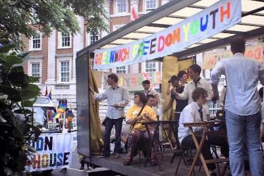 Young people from Greenwich Freedom Youth on a float at London Pride