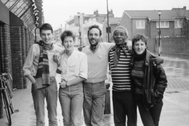 Greenwich Lesbian and Gay Rights Group workers with local residents, 1985