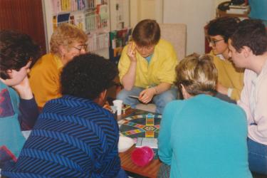 The lesbian group playing Trivial Pursuit at the Greenwich Lesbian Gay Centre in 1986