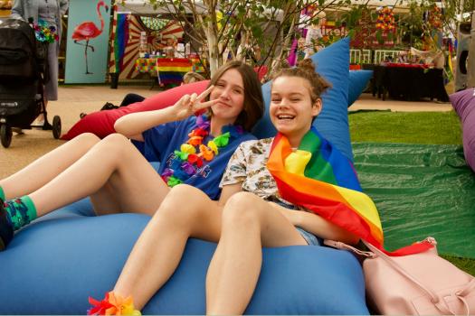 Young people sitting on METRO beanbags at Margate Pride