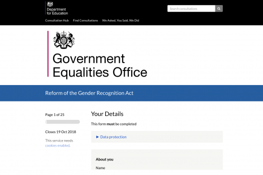 A screenshot of the government's consultation form for reform of the Gender Recognition Act