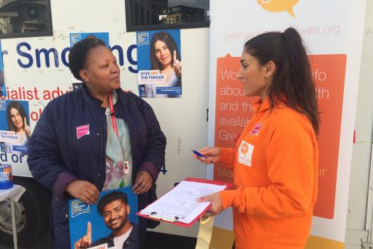 Royal Borough of Greenwich Councillor Averil Lekau with our Sexual Health Outreach Worker Andrea 