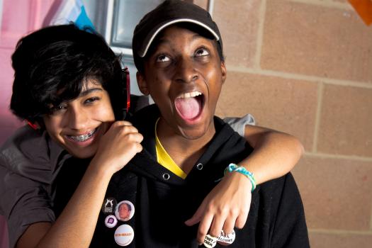 Non-binary badge and they/them pronouns badge worn by a young person at METRO's youth summit in Southwark