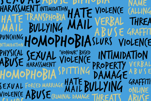 A blue collage of black and yellow words showing types of hate crime