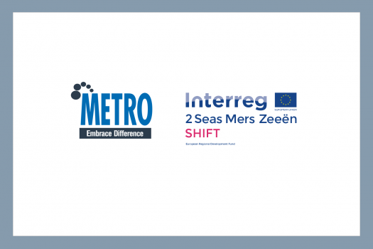 Logos for METRO and the Interreg 2 Seas Mers Zeeën SHIFT project, funded by the European Regional Development Fund