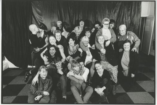 Large group of volunteers gathered at The Metro Centre for a photoshoot to launch Metroline advice service, 1994