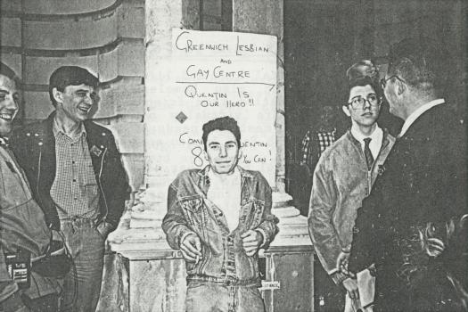 Protesters opposing the funding cuts to the Greenwich Lesbian and Gay Centre outside Greenwich Town Hall, 1991  