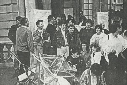 Large group of protesters against Council funding cuts to the Greenwich Lesbian and Gay Centre, taken outside Greenwich Town Hall on 15 May 1991