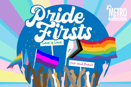 Drawing of hand and arms in the air with various pride flags and placards saying Love is Love and Out and Proud, with Pride Firsts large at the top in ornate bubble writing