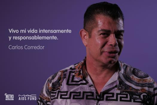 A portrait on a purple background of Carlos Corredor