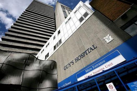 Photo at the main entrance of Guy's Hospital looking up at the high rise tower