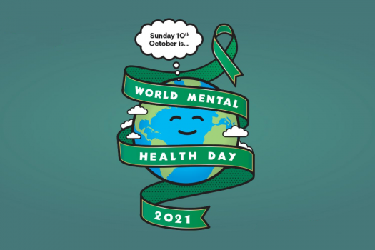 Drawing of a smiling world with gree ribbon saying World Mental Health Day with a thought cloud above saying Sunday 10th October