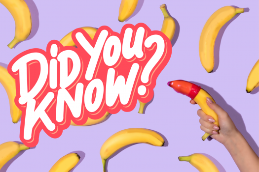 Fun Facts graphic for Sexual Health Week 2023. The background is purple, with multiple bananas. One banana has a red condom on it and is held by a caucasian hand. On top of the background are the words 'did you know?' in red bold writing.