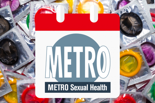 Sexual health week 2023 schedule graphic. The METRO Charity sexual health logo on top of a red and white calendar is the centre image. The background is make up of colourful condoms.