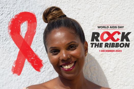 Photo of a happy woman with an AIDS ribbon to her left and the Rock the Ribbon logo to her right